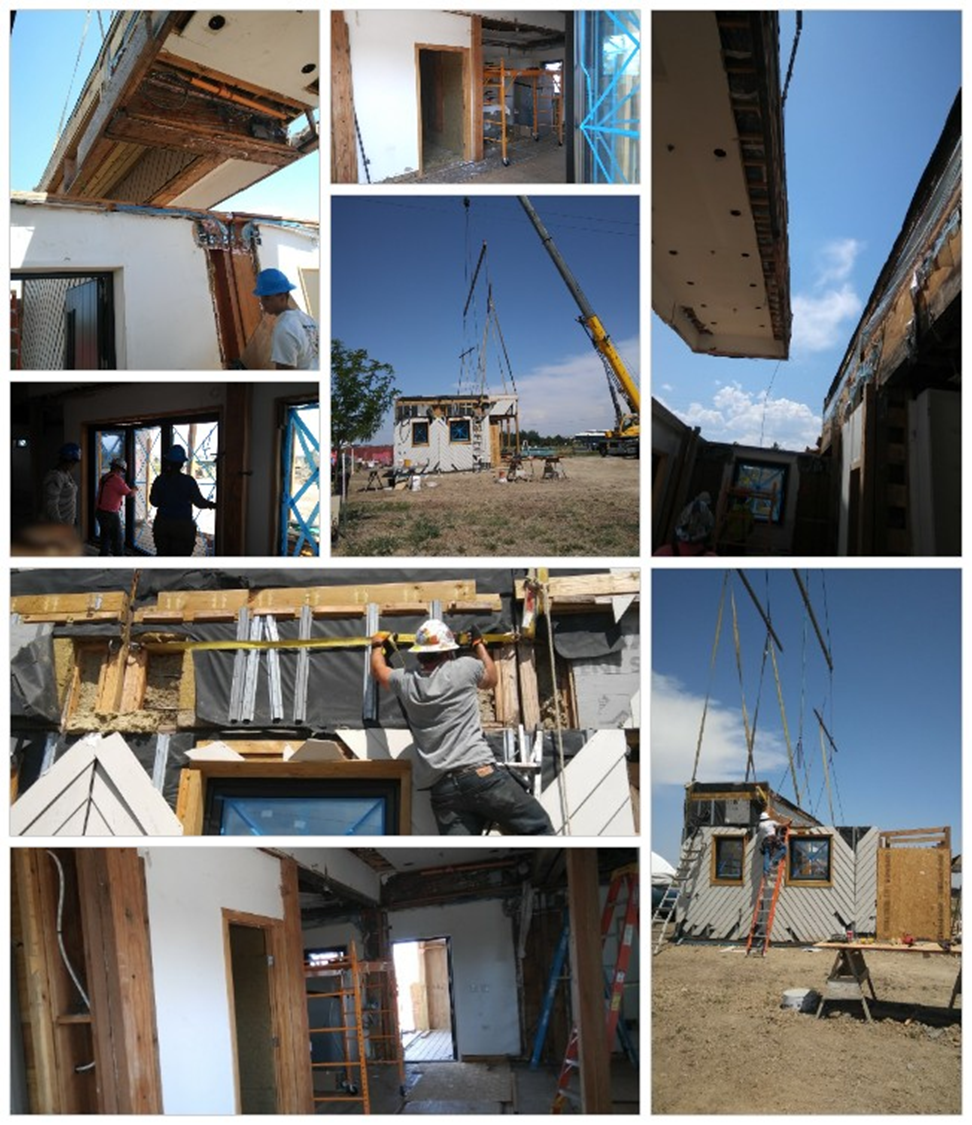 The DURA house being reassembled on site in Berthoud, Colorado — panels being craned into place and interior framing under construction